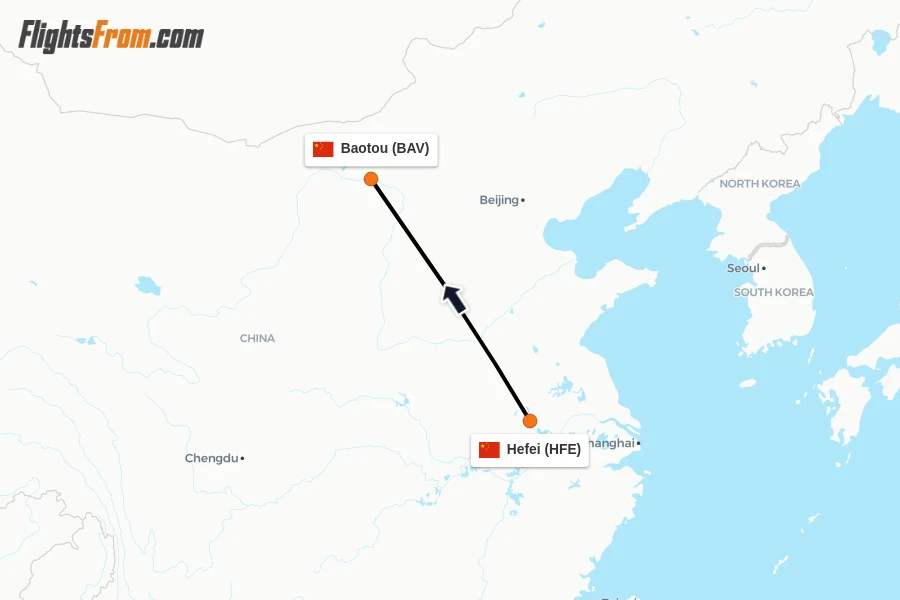 Flights from Hefei to Baotou route map