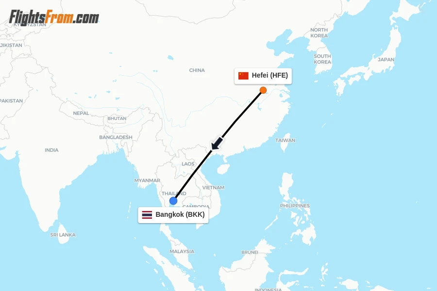 Flights from Hefei to Bangkok route map