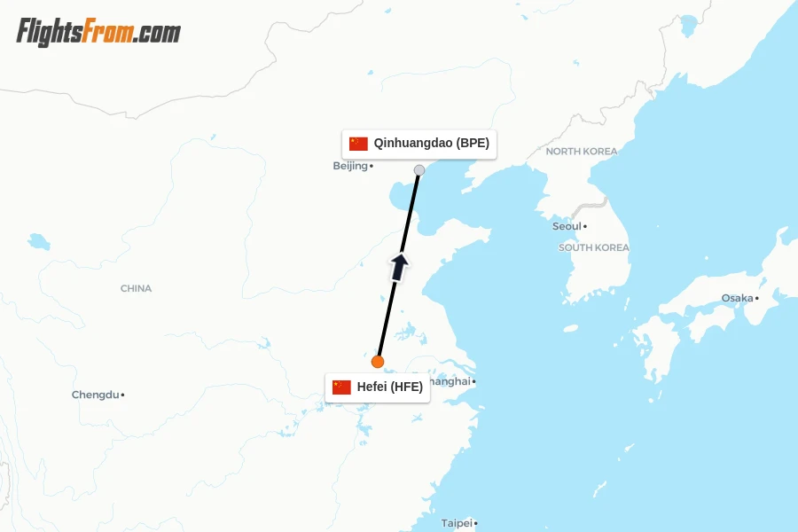 Flights from Hefei to Qinhuangdao route map