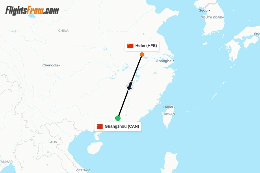 Flights from Hefei to Guangzhou route map