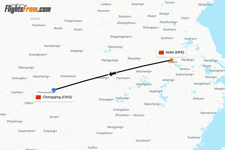 Flights from Hefei to Chongqing route map