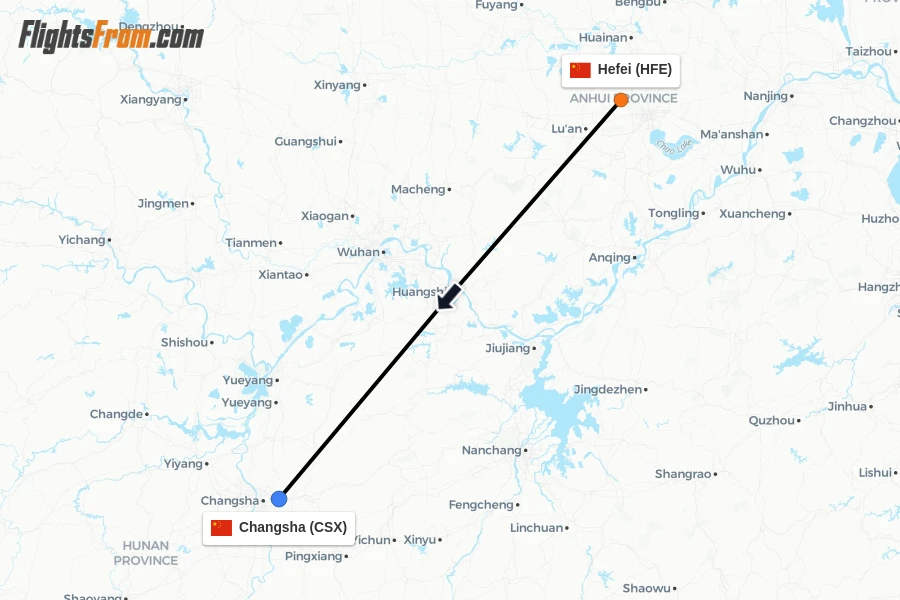 Flights from Hefei to Changsha route map