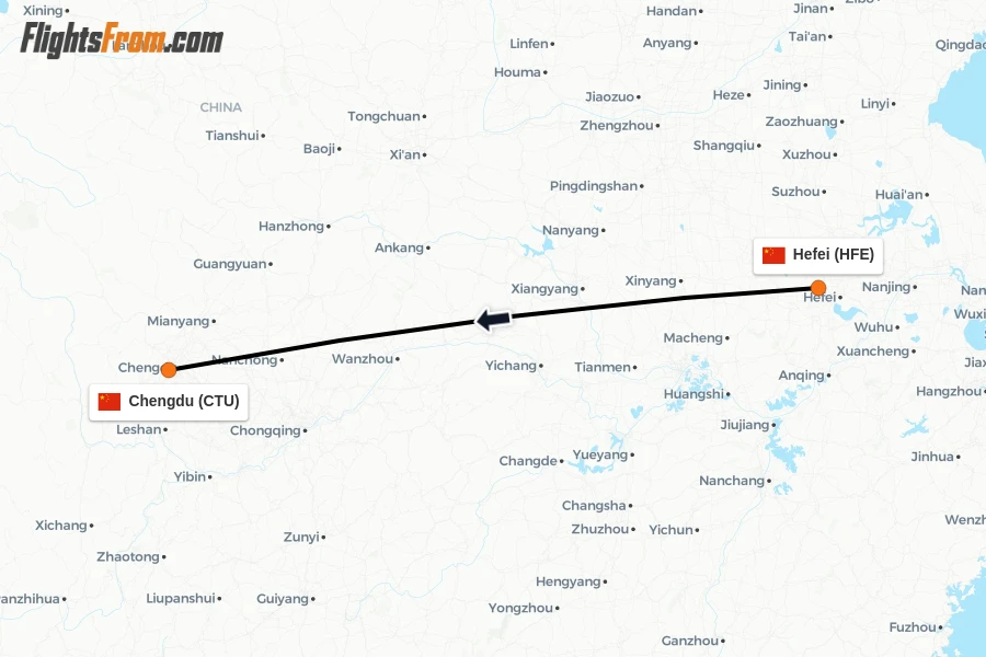 Flights from Hefei to Chengdu route map