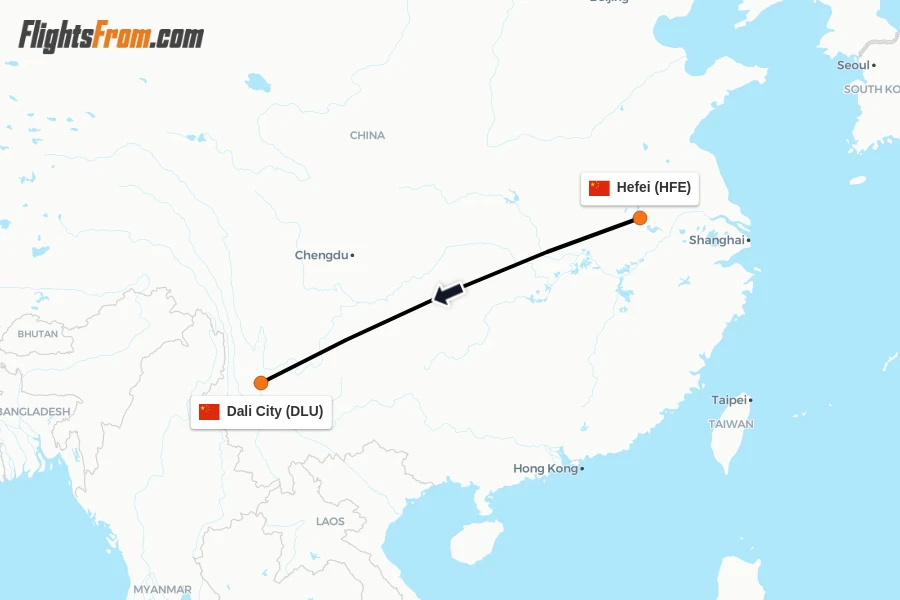 Flights from Hefei to Dali City route map