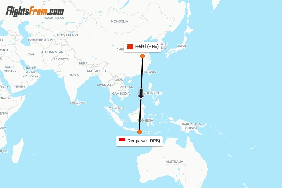 Flights from Hefei to Denpasar route map