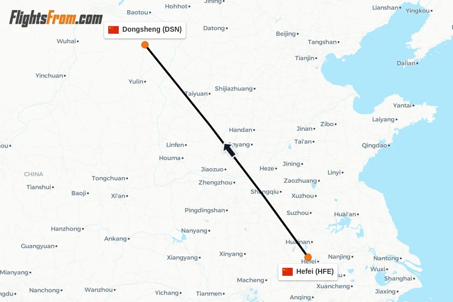 Flights from Hefei to Dongsheng route map