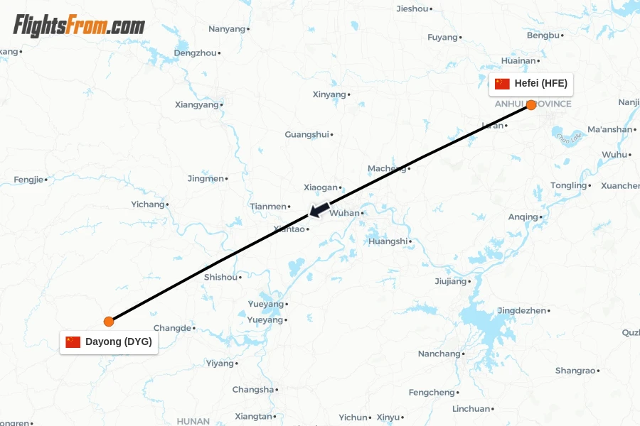 Flights from Hefei to Dayong route map