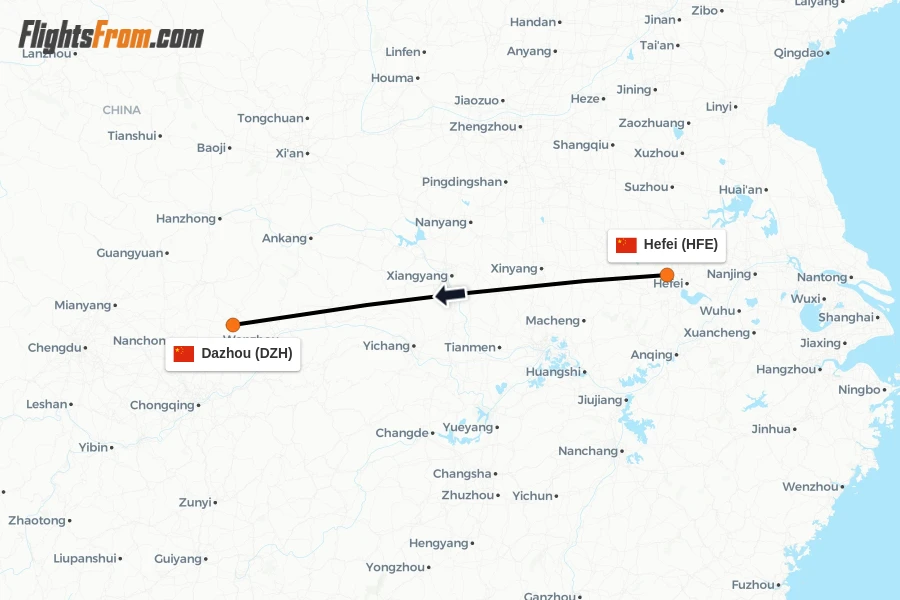 Flights from Hefei to Dazhou route map