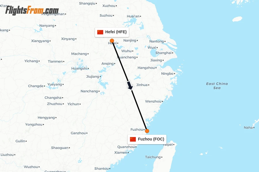 Flights from Hefei to Fuzhou route map