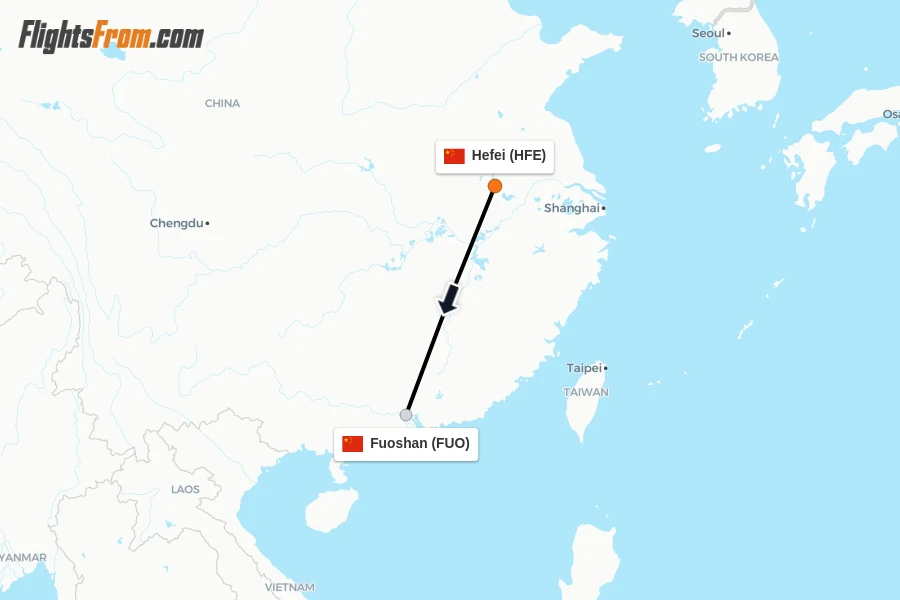 Flights from Hefei to Fuoshan route map