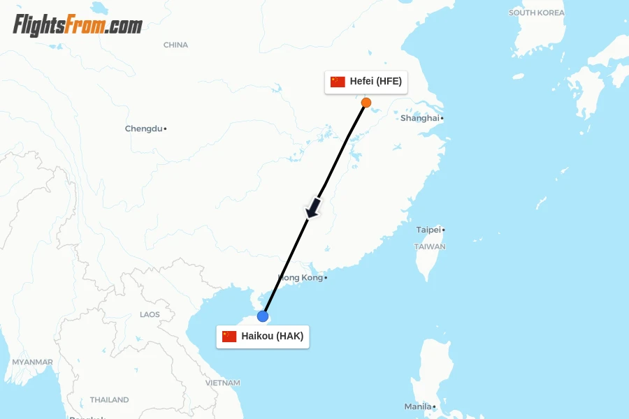 Flights from Hefei to Haikou route map