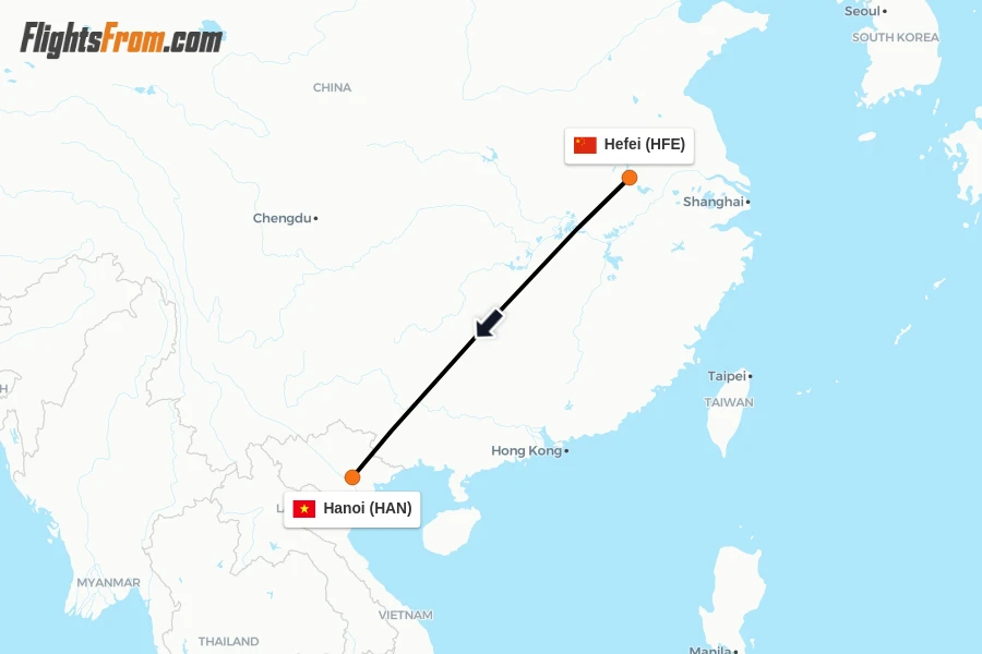 Flights from Hefei to Hanoi route map