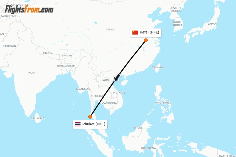 Flights from Hefei to Phuket route map