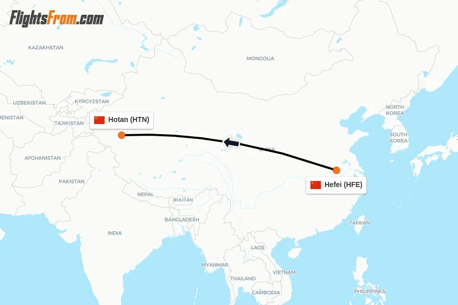 Flights from Hefei to Hotan route map