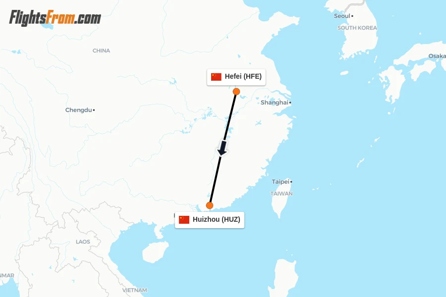 Flights from Hefei to Huizhou route map