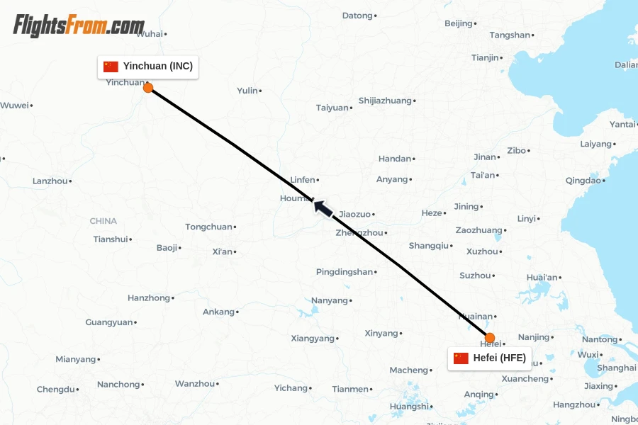 Flights from Hefei to Yinchuan route map