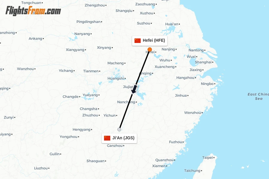 Flights from Hefei to Ji'An route map