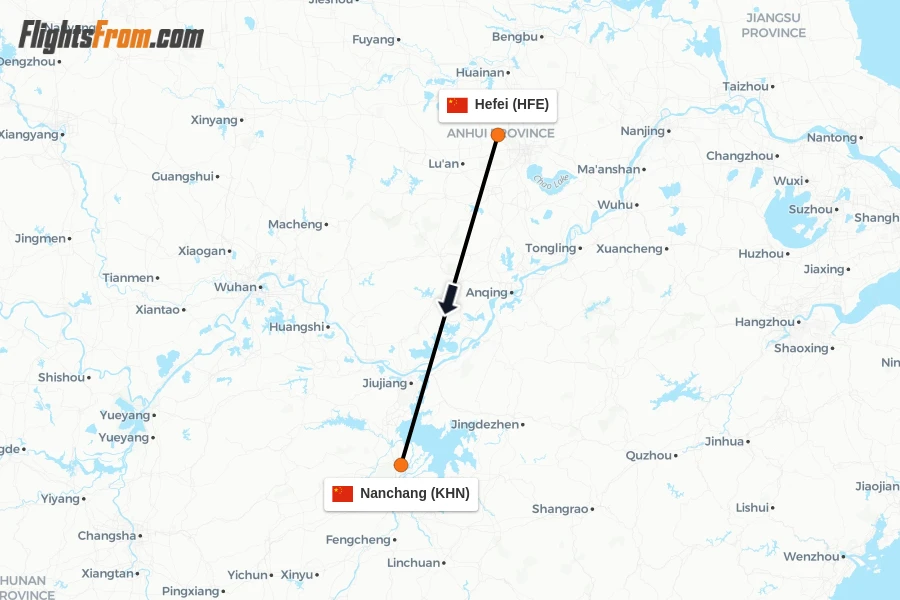 Flights from Hefei to Nanchang route map