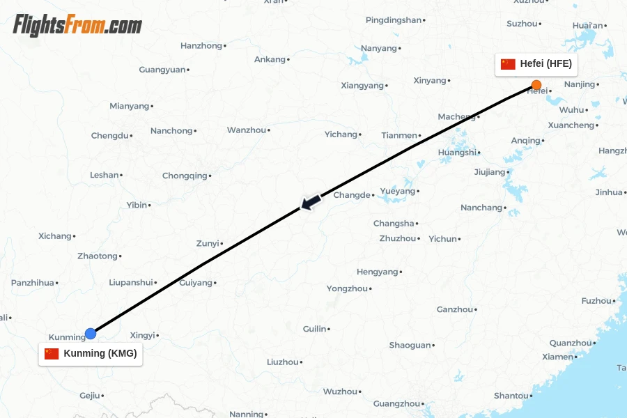 Flights from Hefei to Kunming route map