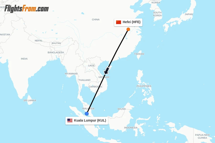 Flights from Hefei to Kuala Lumpur route map