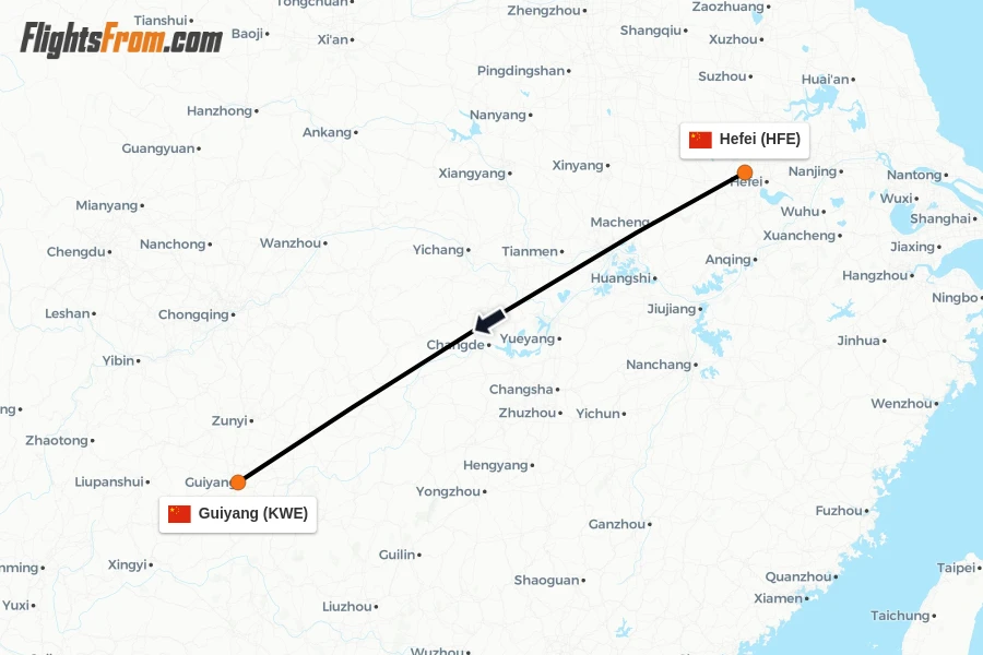 Flights from Hefei to Guiyang route map
