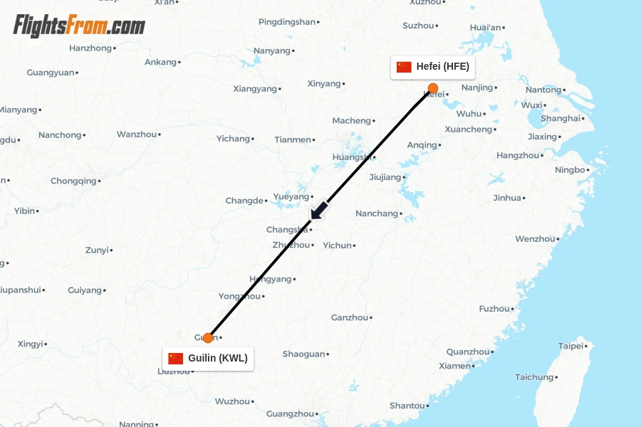 Flights from Hefei to Guilin route map
