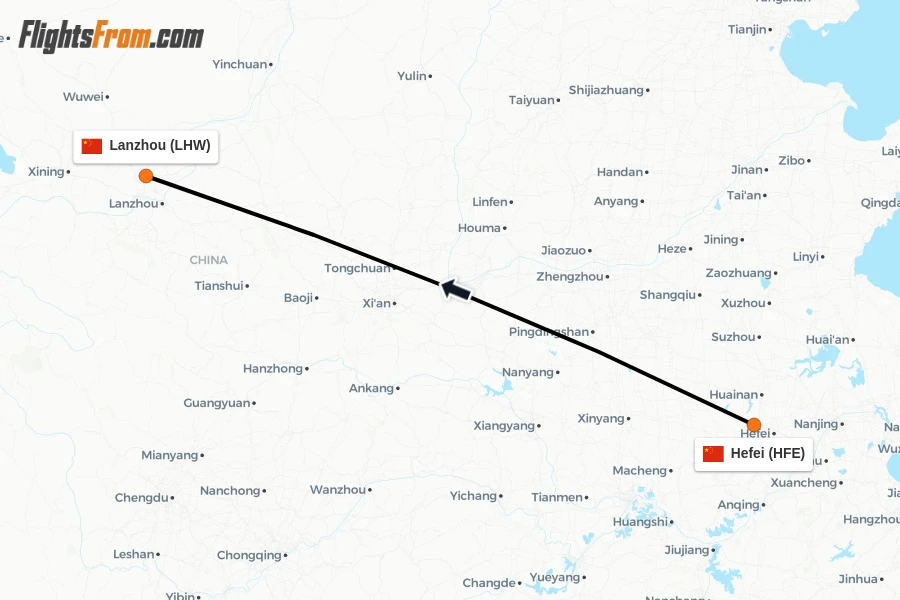 Flights from Hefei to Lanzhou route map