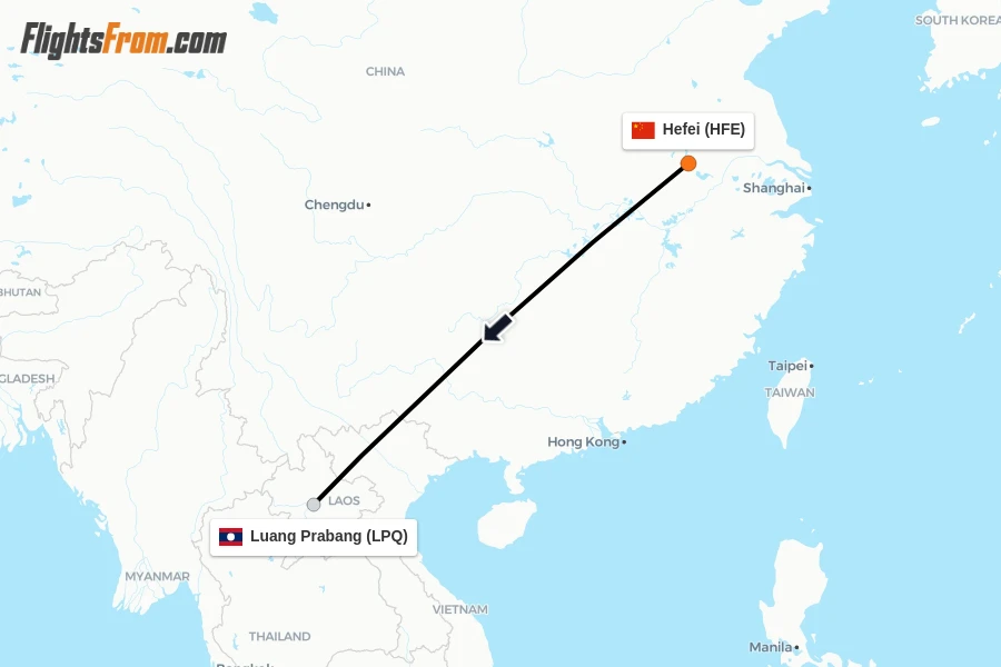 Flights from Hefei to Luang Prabang route map