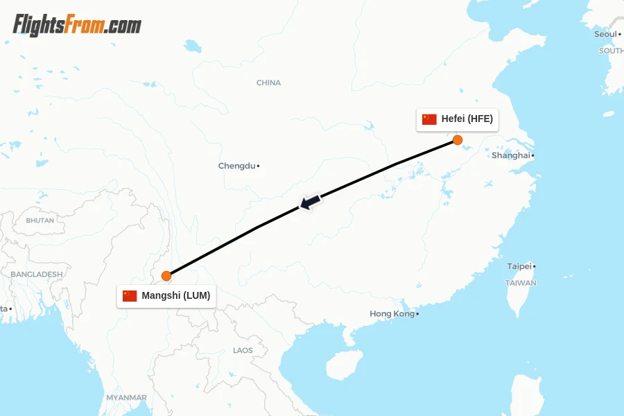 Flights from Hefei to Mangshi route map