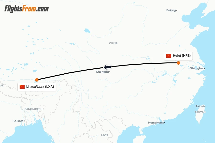Flights from Hefei to Lhasa/Lasa route map