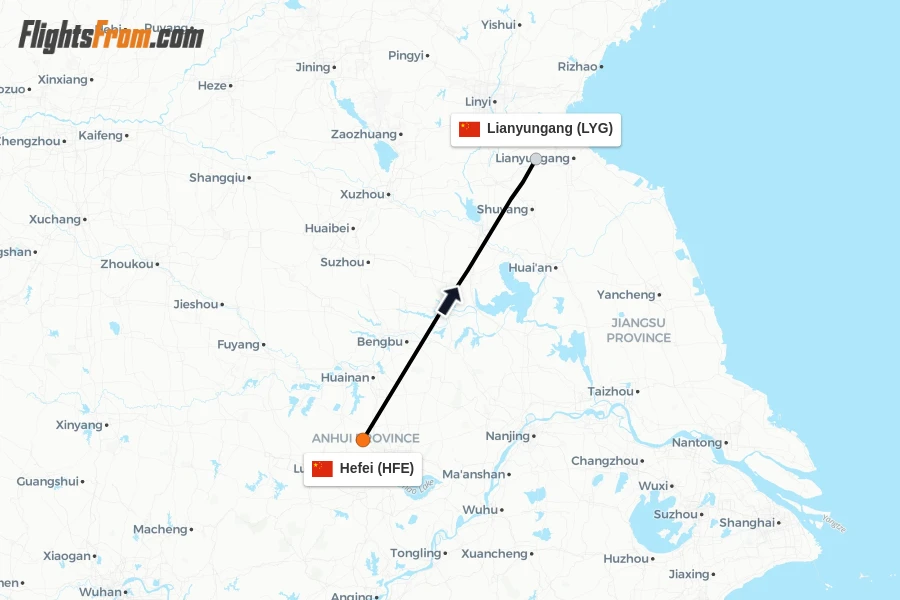 Flights from Hefei to Lianyungang route map