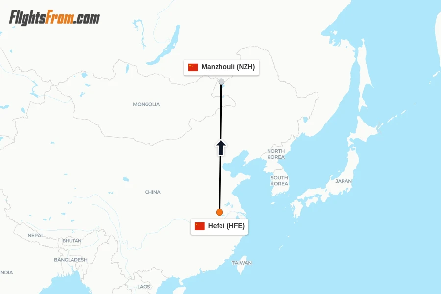 Flights from Hefei to Manzhouli route map