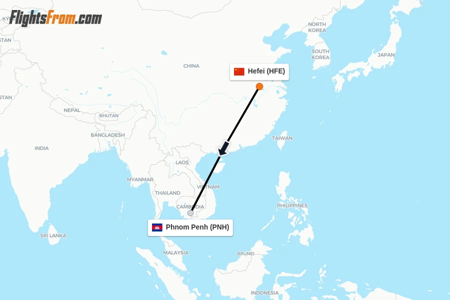 Flights from Hefei to Phnom Penh route map