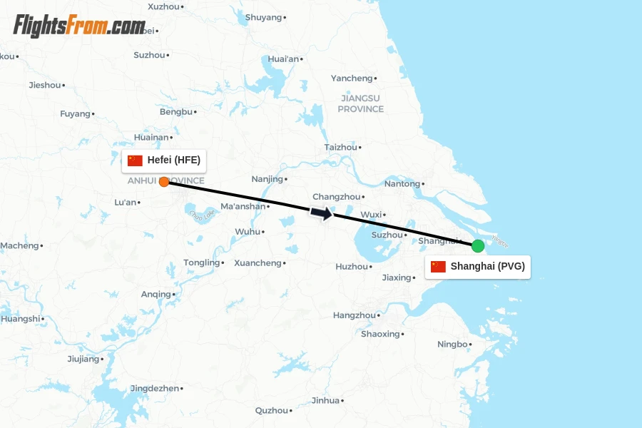 Flights from Hefei to Shanghai route map