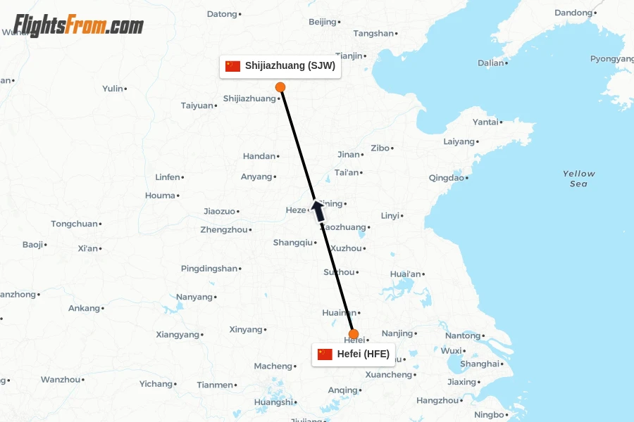 Flights from Hefei to Shijiazhuang route map