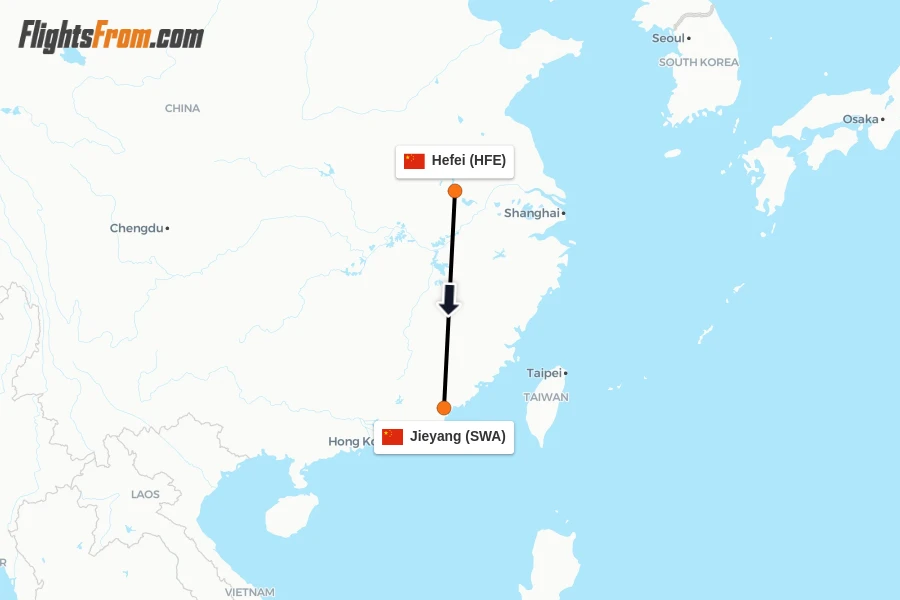 Flights from Hefei to Jieyang route map
