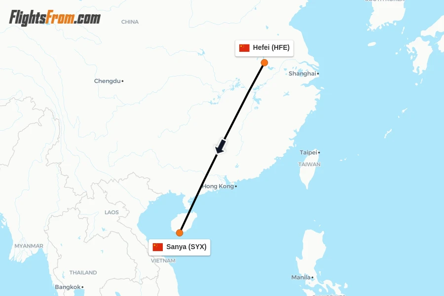 Flights from Hefei to Sanya route map