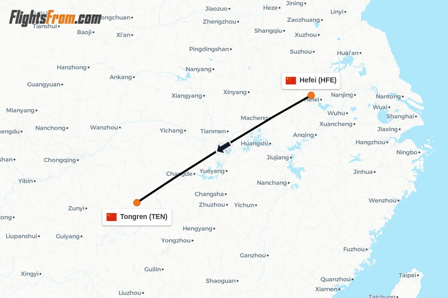 Flights from Hefei to Tongren route map