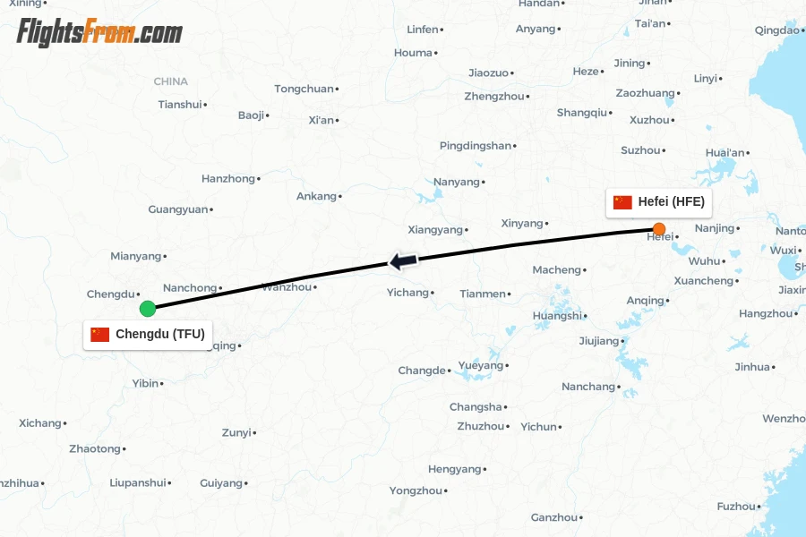 Flights from Hefei to Chengdu route map