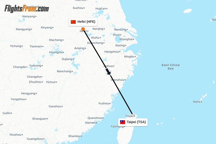 Flights from Hefei to Taipei route map
