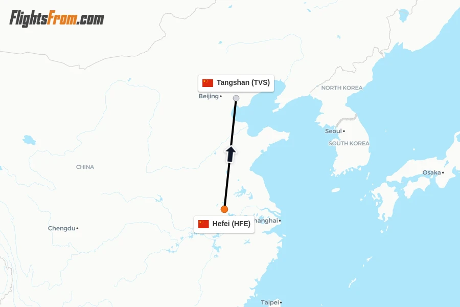 Flights from Hefei to Tangshan route map