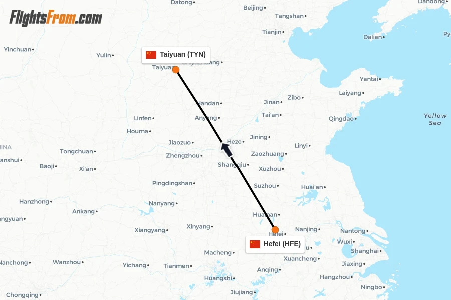 Flights from Hefei to Taiyuan route map