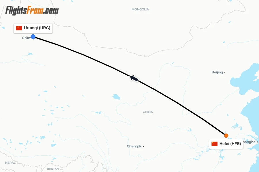 Flights from Hefei to Urumqi route map