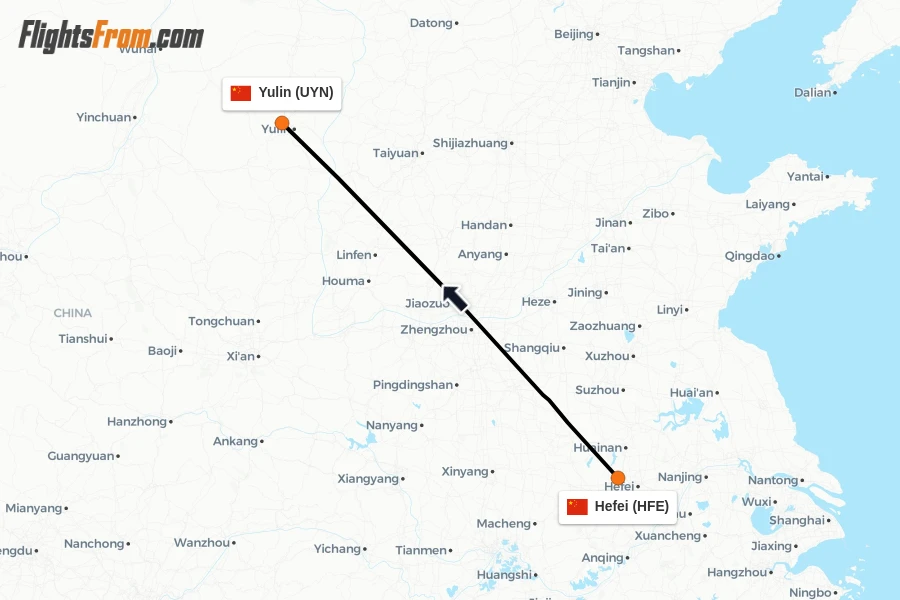 Flights from Hefei to Yulin route map