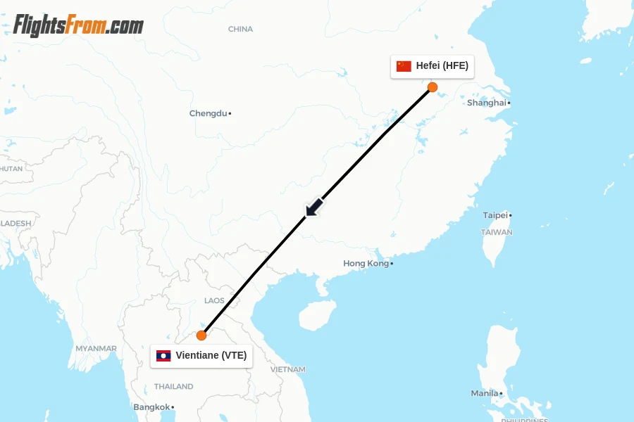 Flights from Hefei to Vientiane route map