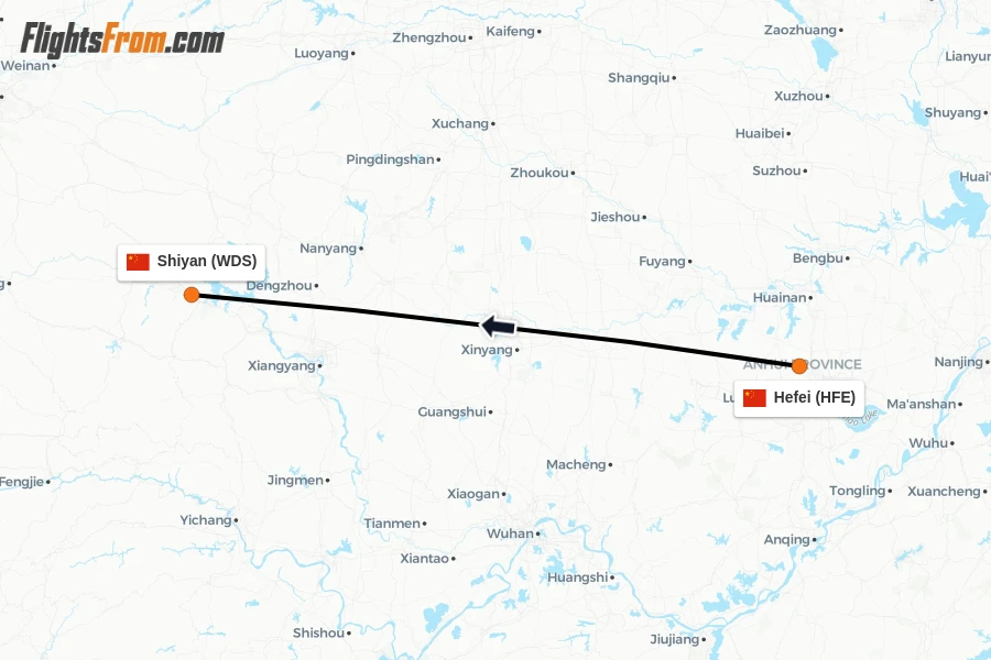 Flights from Hefei to Shiyan route map