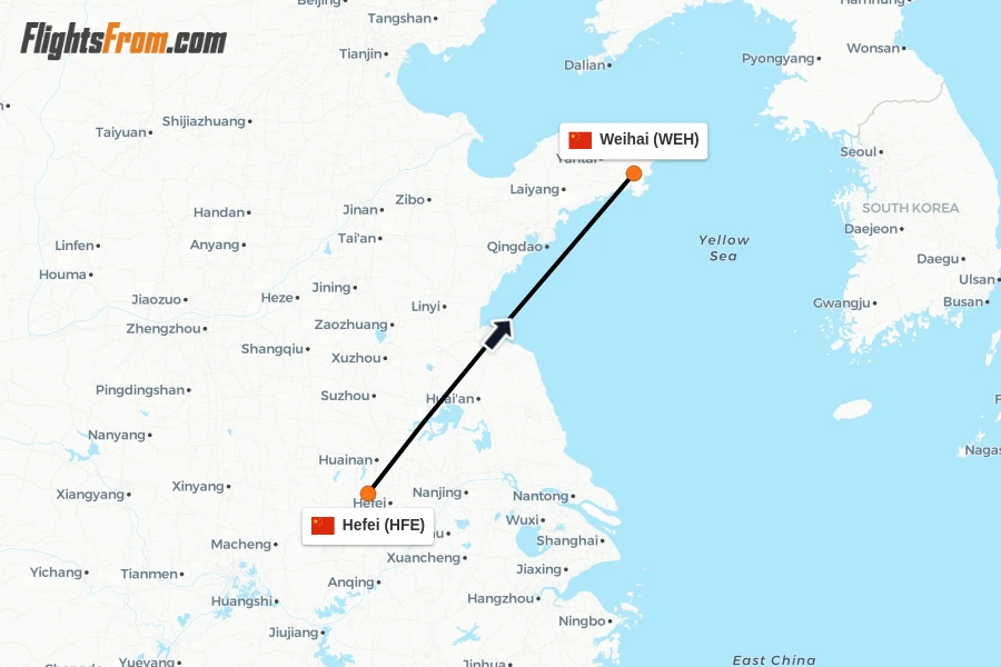 Flights from Hefei to Weihai route map