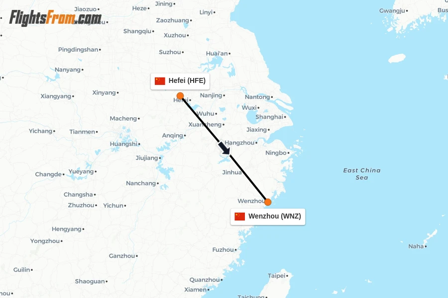 Flights from Hefei to Wenzhou route map