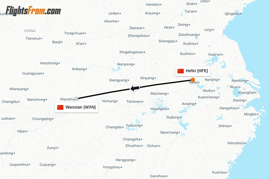 Flights from Hefei to Wanxian route map