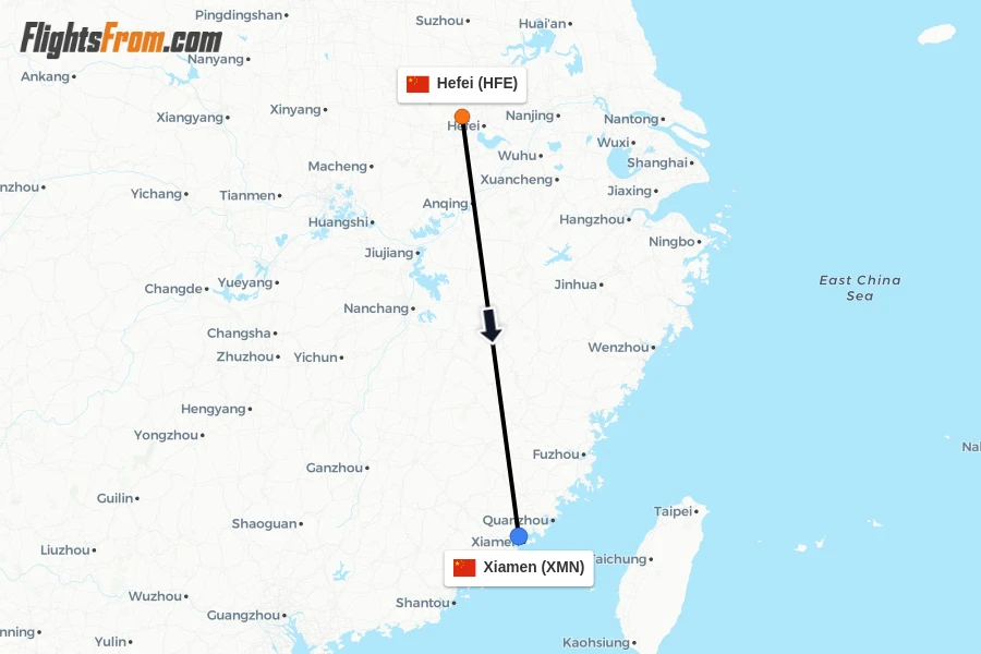 Flights from Hefei to Xiamen route map